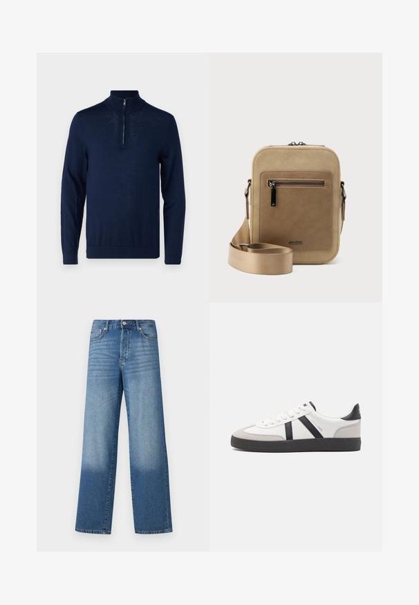 Navyblaues Langarm-Pullover mit einem Viertel-Reißverschluss-Kragen. Glatte Textur, körperbetontes Design, minimale Nahtdetails und keine sichtbaren Logos.; Blaue hochgeschnittene Straight-Leg-Jeans mit Ausbleichungen an den Oberschenkeln und dunklerem Schatten nahe den Säumen, sichtbare vordere Knöpfe und Taschen.; Weiße Sneaker mit schwarz- und grau-aczenten, ausgestattet mit einer strukturierten grauen Zehenkappe, schwarzer Gummi-Sohle und flachen weißen Schnürsenkeln. Sauberes Design, minimalistische Stil.; Kleine beige Umhängetasche mit vorderer Reißverschlusstasche, metallischem ALDO-Logo, verstellbarem breitem Riemen und abgerundeter rechteckiger Form vor weißem Hintergrund.