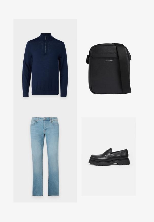 Navyblaues Langarm-Pullover mit einem Viertel-Reißverschluss-Kragen. Glatte Textur, körperbetontes Design, minimale Nahtdetails und keine sichtbaren Logos.; Helle Blaue Jeans aus Denim mit geradem Bein, fünf Taschen, Knopfverschluss und subtiler Verblassung für Textur.; Schwarzer Lederloafer mit dicker, profilierter Sohle und Pennyriemen-Detail, von der rechten Seitenansicht auf weißem Hintergrund gezeigt.; Schwarze Calvin Klein Crossbody-Tasche mit strukturierter Oberfläche und verstellbarem Schulterriemen.