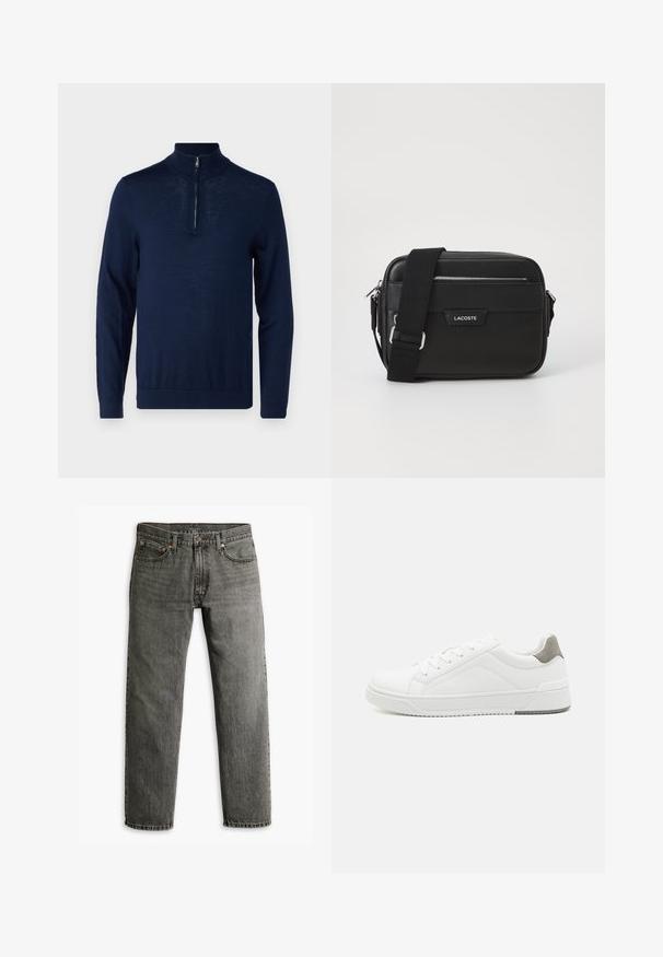 Navyblaues Langarm-Pullover mit einem Viertel-Reißverschluss-Kragen. Glatte Textur, körperbetontes Design, minimale Nahtdetails und keine sichtbaren Logos.; Graue Jeans aus Denim mit geradem Bein, klassischem Fünf-Taschen-Design und dezenten Nähten an den Säumen und Taschen.; Weißer Sneaker aus glattem Leder, runde Zehenpartie, minimalistisches Design, graue Fersenkante und strukturierte Gummisohle.; Schwarze Umhängetasche aus strukturiertem synthetischem Material, mit silbernem Beschlag, verstellbarem Gurt, ausgestattet mit einem Logo-Schild auf der Vorderseite und einem Reißverschluss.
