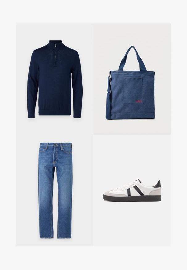 Navyblaues Langarm-Pullover mit einem Viertel-Reißverschluss-Kragen. Glatte Textur, körperbetontes Design, minimale Nahtdetails und keine sichtbaren Logos.; Blaue Jeans aus Denim mit geradem Schnitt, klassischem Fünf-Taschen-Design, kupferfarbener Naht und einem ausgewaschenen Finish für einen eingelaufenen Look.; Weiße Sneaker mit schwarz- und grau-aczenten, ausgestattet mit einer strukturierten grauen Zehenkappe, schwarzer Gummi-Sohle und flachen weißen Schnürsenkeln. Sauberes Design, minimalistische Stil.; Blauer Canvas-Einkaufstasche mit Vordertasche und roter "O.N.S" Stickerei, ausgestattet mit zwei Griffen und einem verstellbaren Schulterriemen.