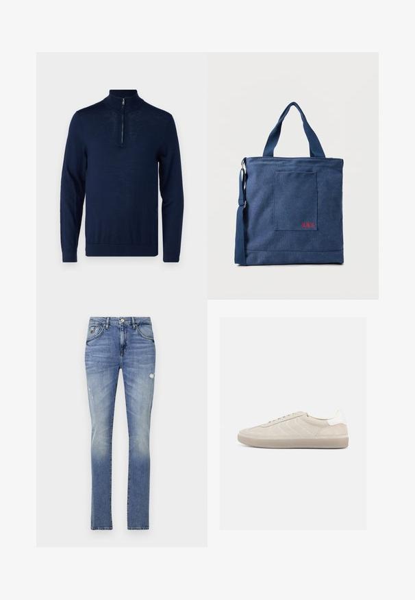 Mørkeblå, langærmet pullover med kvart-zip krave. Glat tekstur, tætsiddende design, minimale søm-detaljer og ingen synlige logoer.; Lys blå denimjeans med klassisk snit, der har en falmet finish, let slid, bæltestropper, fem lommer og sølvhardware.; Beige ruskindssneaker med en tekstureret overdel, glat hvid hælkappe, tynde snørebånd og en gummi-ydersål. Har et lavt profil design.; Blå lærredstote taske med frontlomme og rød "O.N.S" broderi, med to håndtag og en justerbar skulderrem.