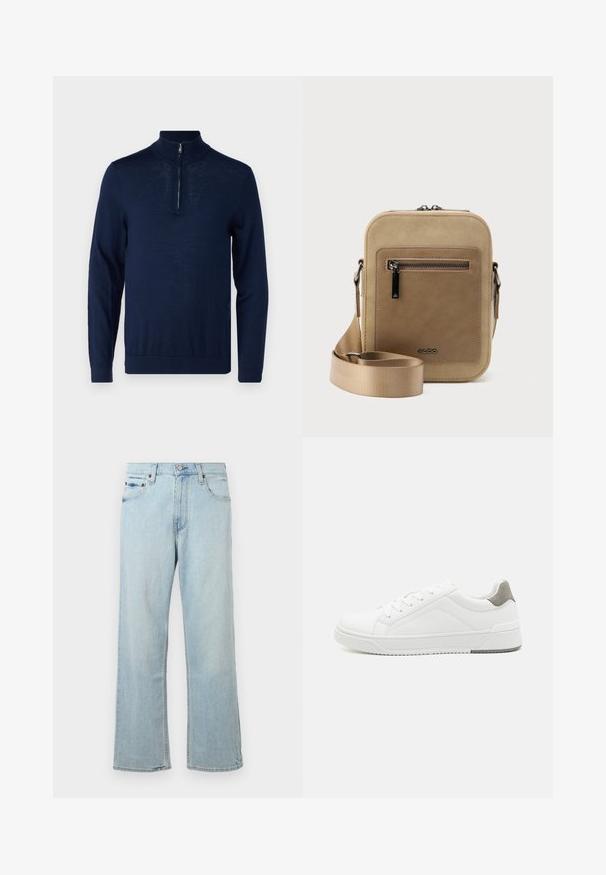 Mørkeblå, langærmet pullover med kvart-zip krave. Glat tekstur, tætsiddende design, minimale søm-detaljer og ingen synlige logoer.; Lyseblå denimjeans med en løs, bred bendesign. Har fem lommer, bæltestropper og en lynlås med knaplukning.; Hvid sneaker lavet af glat læder, rund tå, minimalistisk design, grå hælafsats og tekstureret gummisål.; Lille beige crossbody-taske med lynlåslomme foran, metal ALDO-logo, justerbar bred rem og rundet rektangulær form på hvid baggrund.