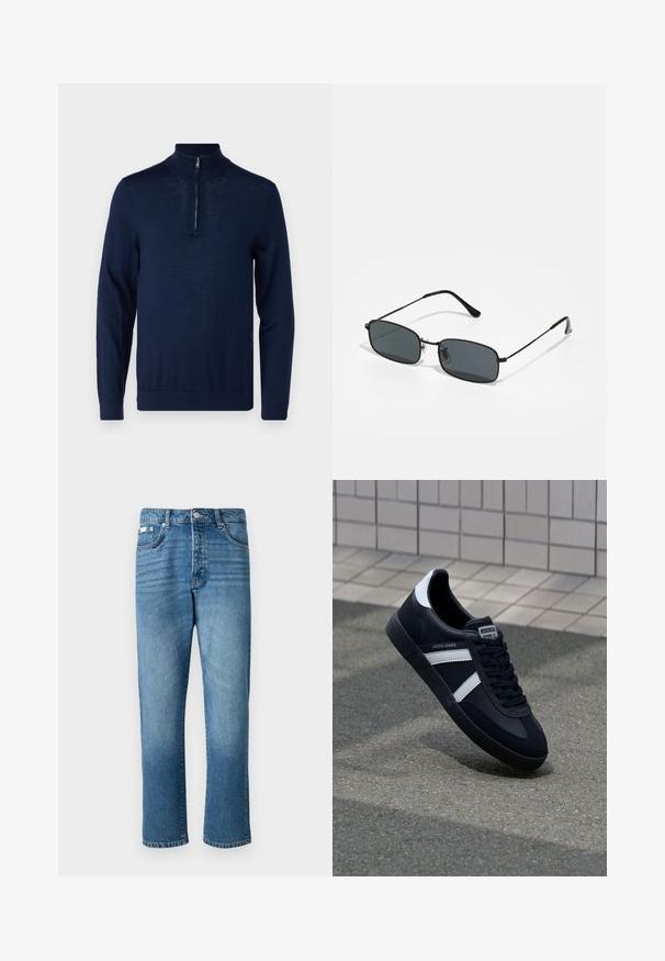 Suéter de color azul marino, de manga larga, con cuello de media cremallera. Textura suave, diseño ajustado, detalles de costura mínimos y sin logotipos visibles.; Jeans de mezclilla de un azul claro con corte recto, que cuentan con un cierre de botón, cinco bolsillos y un ligero desgaste en los muslos y el dobladillo.; Zapatilla de cuero negra con rayas blancas, suela de goma texturizada y parte frontal con cordones. Cuenta con una etiqueta de marca en la lengüeta.; Gafas de sol rectangulares negras con marco delgado de metal y lentes oscuros apoyadas sobre una superficie blanca.