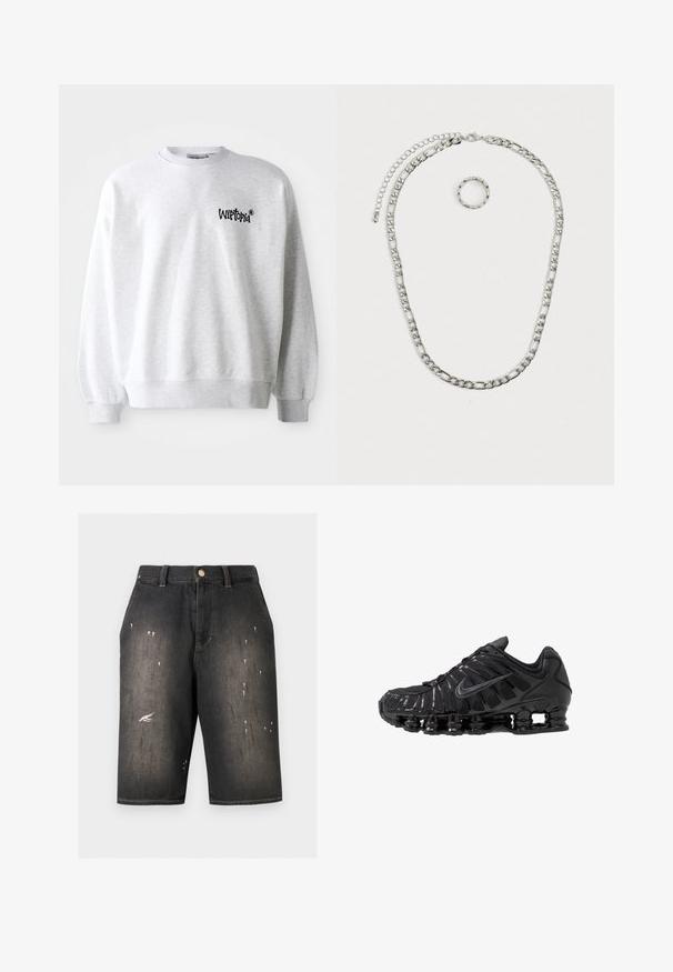 Lys grå sweatshirt med rund halsudskæring, ribbede manchetter og kant. Har sort "Wittopia" logo på venstre brystområde. Blød tekstur.; Sorte denimshorts med falmede områder og små hvide malingsprøjt, udstyret med bæltestropper, frontlommer og knaplukning.; Sorte atletikskoser lavet af mesh og syntetiske materialer, med et karakteristisk bølget design, sort gummisål og reflekterende detaljer.; Sølvfarvet smykkesæt bestående af en tyk kædene med en hummerlås og en tilhørende tekstureret ring. Begge dele er skinnende og metalliske.