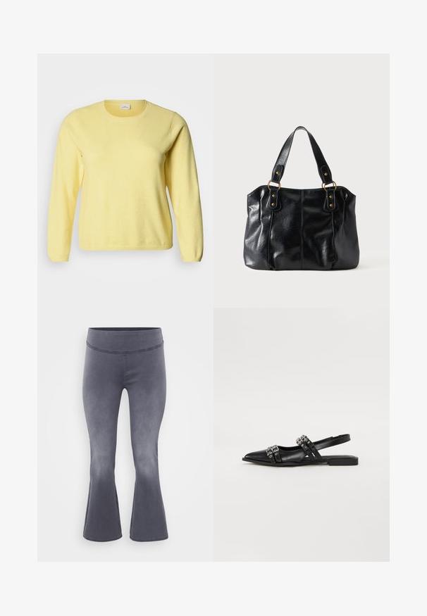 Pull jaune à manches longues avec un col rond, une texture douce et des poignets côtelés. Design minimaliste, sans motifs ni accents visibles.; Pantalons grijs évasés avec une large ceinture. Tissu lisse avec un léger éclat, dégradé du foncé en haut vers le plus clair en bas.; Even&Odd by Zalando Ballerines à brides arrière - black; Sac à épaule en cuir noir avec double anses attachées par des anneaux et rivets dorés, surface lisse et légèrement brillante, design simple.