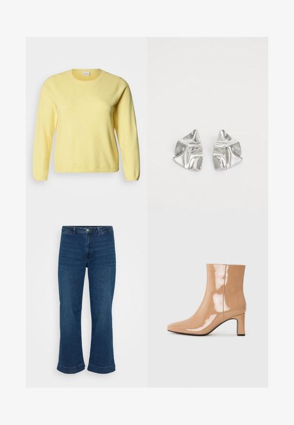 Pull jaune à manches longues avec un col rond, une texture douce et des poignets côtelés. Design minimaliste, sans motifs ni accents visibles.; Jean bleu taille haute avec une jambe droite et un ourlet évasé, en denim. Présente un design classique à cinq poches et une fermeture à bouton en métal.; Bottes à talon nu patent avec un bout pointu, une finition brillante et un talon bloc de hauteur intermédiaire. Texture lisse et silhouette élégante.; Boucles d'oreilles en métal argenté avec un design ondulé et sculptural, présentant une finition polie et des formes irrégulières, mettant en valeur une esthétique contemporaine.