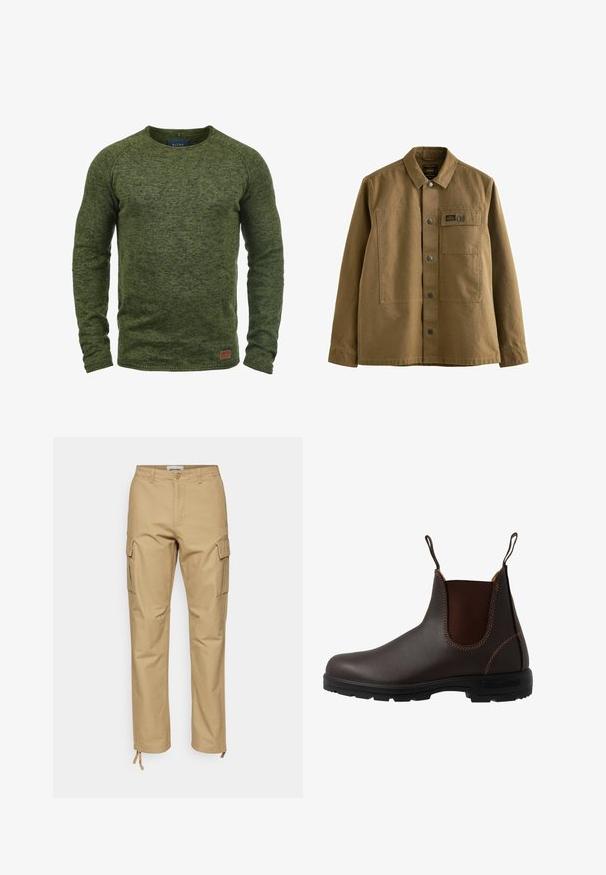 Pull vert en tricot texturé, avec un col rond, des manches longues et un petit patch logo marron en bas à l'avant.; Veste en toile marron avec un col, fermeture par boutons sur le devant, deux poches poitrine et un tissu texturé. Design inspiré de l'armée.; Pantalons cargo kaki avec une coupe droite, fabriqués en coton. Les caractéristiques incluent des poches latérales, une fermeture à bouton et des lanières ajustables à la cheville.; Botte Chelsea en cuir marron avec panneau latéral élastique, coutures marron, languettes de tirage, et une semelle en caoutchouc durable avec un motif texturé.