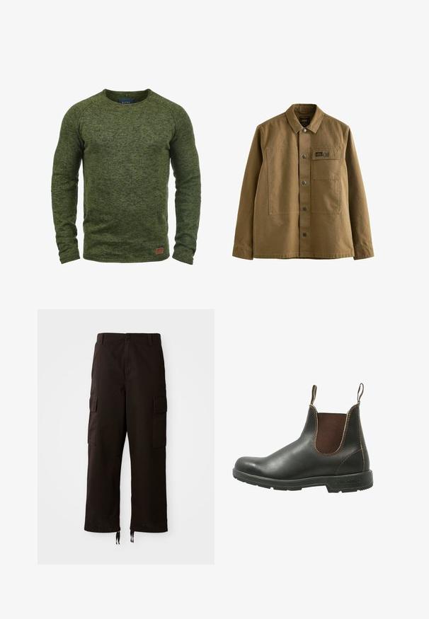 Suéter verde hecho de tejido de punto texturizado, con cuello redondo, mangas largas y un pequeño parche de logo marrón en la parte inferior delantera.; Chaqueta de lona marrón con cuello tipo solapa, cierre frontal de botones, dos bolsillos en el pecho y tejido texturizado. Diseño inspirado en el estilo militar.; Pantalones cargo negros con un corte relajado, que cuentan con dos bolsillos laterales, cierre de botón y cuerdas ajustables en el dobladillo.; Botín Chelsea hecho de cuero negro liso con paneles de elastano marrón en los laterales, costuras en contraste y una suela de goma texturizada.