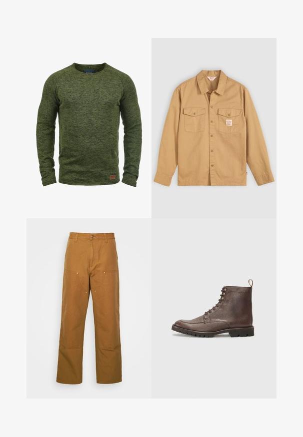 Grøn sweater lavet af struktureret strikstof, med rund hals, lange ærmer og et lille brunt logo-patch på den nederste front.; Tan knapkrave skjorte med lange ærmer, to brystlommer og et lille mærke. Lavet af bomuld med en blød tekstur og klassisk kravedesign.; Brune bomuldsarbejdsbukser med lige ben-design, der har frontlommer og metalhardware detaljer for ekstra holdbarhed.; Hackett London SLOANE APRON - Snørestøvletter - dark mocca brown