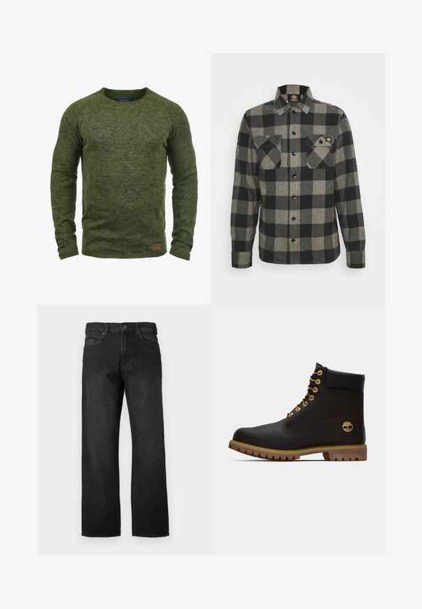 Groene trui van gestructureerde brei stof, met een ronde hals, lange mouwen en een klein bruin logopatch aan de voorkant onderaan.; Zwart en grijs geblokt flanellen shirt met lange mouwen, knoopsluiting aan de voorkant, twee borstzakken en een licht gebogen zoom. Gegarneerde stof.; Zwarte spijkerbroek met rechte pasvorm, voorzien van een knoopsluiting, riemlussen en vijf zakken. De stof heeft een gladde, licht gestructureerde afwerking.; Zwarte leren enkellaars met gouden oogjes, bruine accenten en een rubberen zool. Heeft een gevoerde kraag en geperst logo aan de zijkant.
