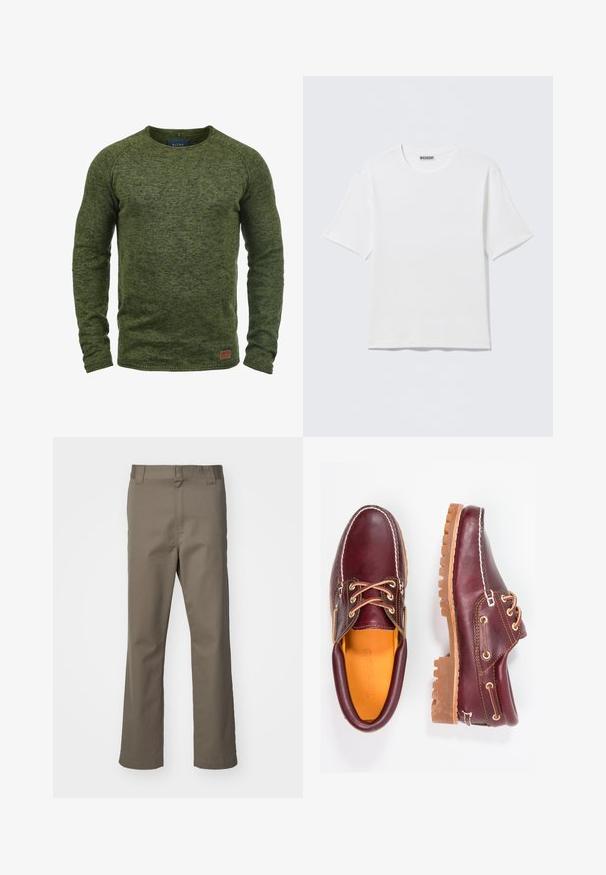 Grøn sweater lavet af struktureret strikstof, med rund hals, lange ærmer og et lille brunt logo-patch på den nederste front.; Hvid, kortærmet t-shirt med rund hals og et lille "WEEKDAY"-mærke på indersiden af bagkraven, vist på en flad overflade.; Brune lige bukser med bæltestropper, frontlynlås og uden synlige lommer, præsenteret på en hvid baggrund.; Bordeaux lædersko med brune gummisåler, rund tå, hvid syning og gyldne snøringer. Indersiden har et gult for.