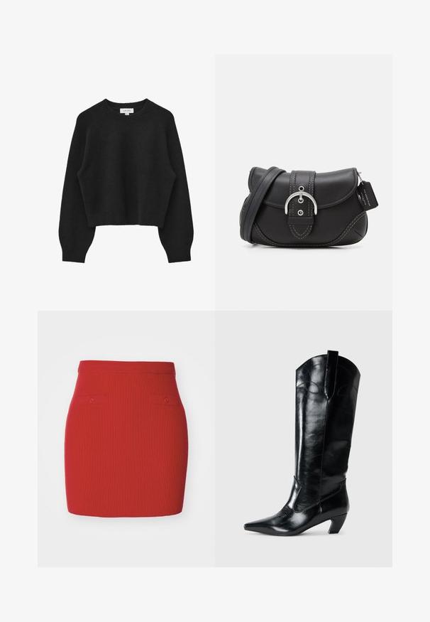 Pull court noir en tissu doux et texturé. Présente un col rond, des manches raglan, et un ourlet ainsi que des poignets côtelés.; Jupe en tricot côtelé rouge au design ajusté, dotée de deux petites poches boutonnées à l'avant et d'une taille lisse.; Bottes en cuir noir montantes jusqu'au genou, avec une pointe effilée, un talon bas, et des détails de couture décoratifs sur les côtés. Fini lisse et brillant.; COACH GLOVETANNED SOHO - Sac à main - black