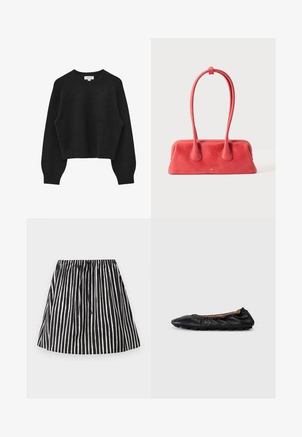 Pull court noir en tissu doux et texturé. Présente un col rond, des manches raglan, et un ourlet ainsi que des poignets côtelés.; Jupe à rayures verticales noires et blanches avec taille élastique et cordon de serrage, silhouette évasée.; Ballerines en cuir noir avec des détails froncés au col, bout rond et semelle en caoutchouc flexible. Texture lisse dans l'ensemble.; Sac à main en cuir rouge avec une longue poignée fine bouclée et fixée en haut, présenté sur un fond clair uni.