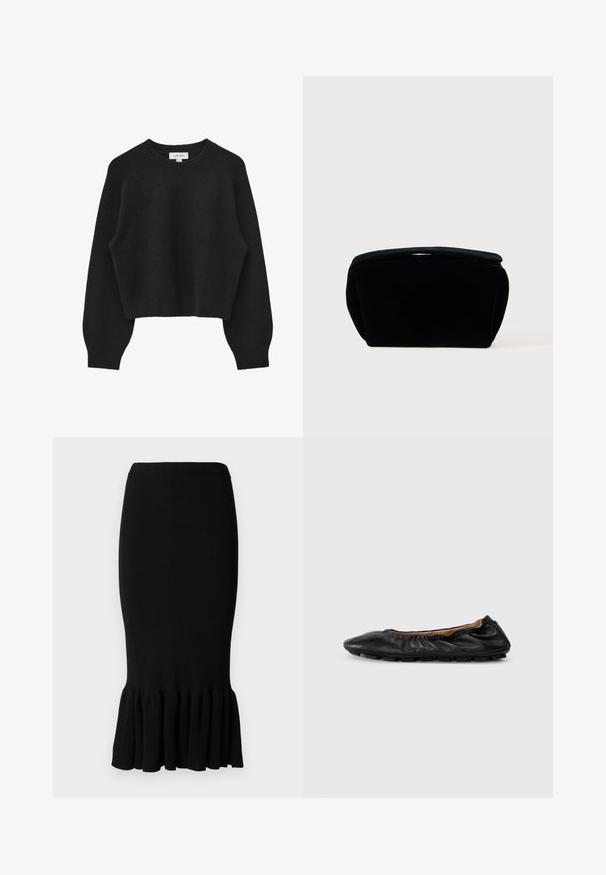 Pull court noir en tissu doux et texturé. Présente un col rond, des manches raglan, et un ourlet ainsi que des poignets côtelés.; Jupe crayon noire côtelée avec un ourlet à volants évasé. Le tissu est extensible, ajusté au niveau des hanches, et possède une ceinture lisse.; Ballerines en cuir noir avec des détails froncés au col, bout rond et semelle en caoutchouc flexible. Texture lisse dans l'ensemble.; Trousse de maquillage en velours noir avec une surface douce et texturée, un dessus arrondi et une fermeture éclair. Design compact, adapté à divers besoins de rangement.