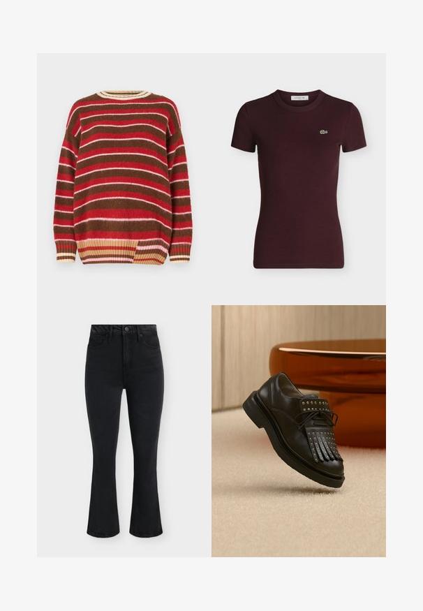 Suéter de punto con rayas horizontales en rojo, rosa, marrón y crema. Cuello redondeado con ribete acanalado y un ajuste holgado.; Camiseta Lacoste de color marrón oscuro con canalé, manga corta, cuello redondo y pequeño logo de cocodrilo verde en el pecho izquierdo.; Vaqueros negros de talle alto con botón y cremallera frontal, bolsillos delanteros y traseros, y piernas ligeramente acampanadas sobre un fondo liso.; Zapato negro de cuero con cordones, flecos decorativos y tachuelas de metal colocado en una alfombra beige cerca de un mueble marrón.