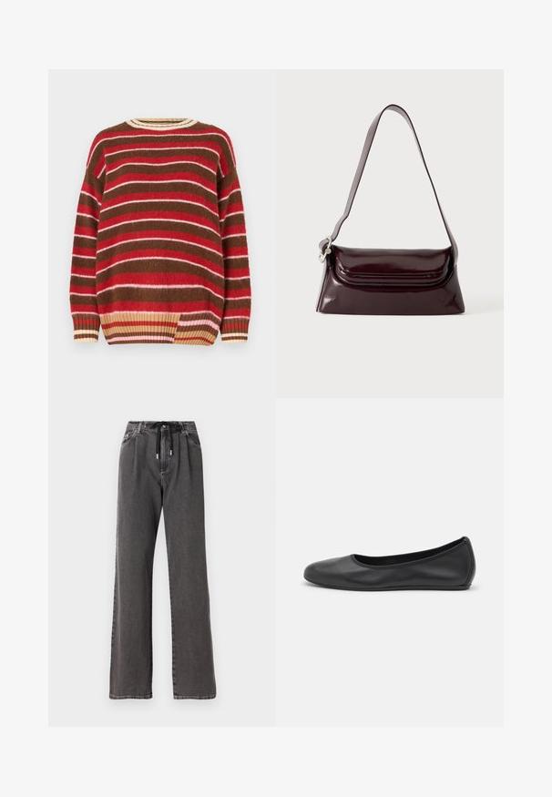 Pull en tricot avec des rayures horizontales rouge, rose, marron et crème. Encolure ronde avec bord côtelé et coupe décontractée.; Pantalon large en denim gris avec taille à cordon et poches avant, confectionné en tissu en coton doux et résistant.; Ballerines en cuir noir avec un bout rond, texture lisse, détails de couture minimalistes et design de semelle flexible.; Sac à bandoulière en cuir bordeaux foncé avec fermeture à rabat et une fine sangle réglable, présenté sur un fond clair uni.