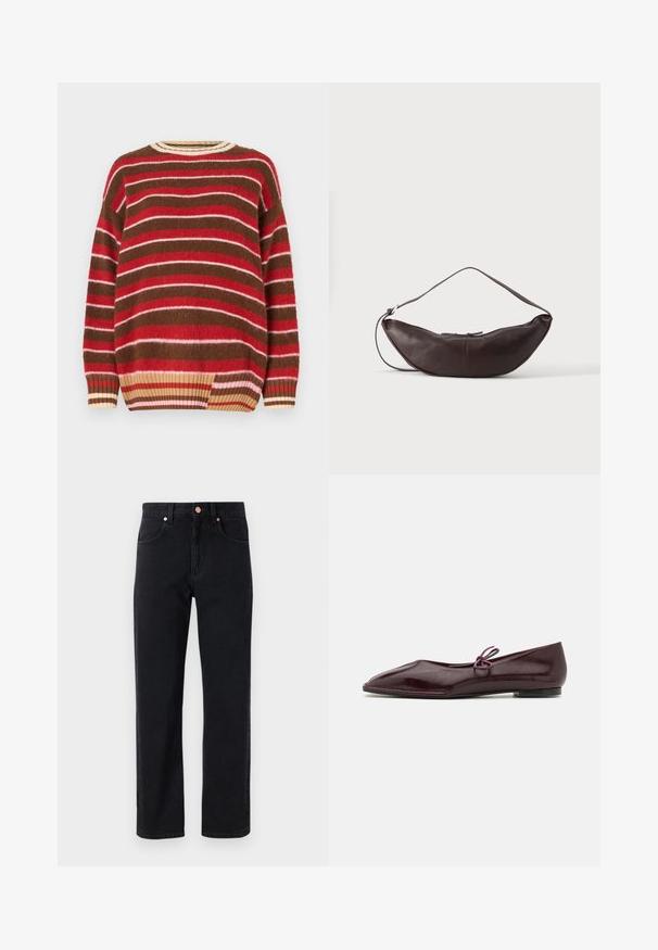 Suéter de punto con rayas horizontales en rojo, rosa, marrón y crema. Cuello redondeado con ribete acanalado y un ajuste holgado.; Jeans de denim negro con corte recto, diseño de cinco bolsillos, detalles en botón de cobre y costuras mínimas visibles.; Bailarinas de cuero sintético burdeos con puntera puntiaguda y un lazo decorativo morado en el empeine; diseño de suela plana.; Bolso de hombro de cuero marrón oscuro en forma de media luna con una correa curva y costuras visibles sobre un fondo liso.