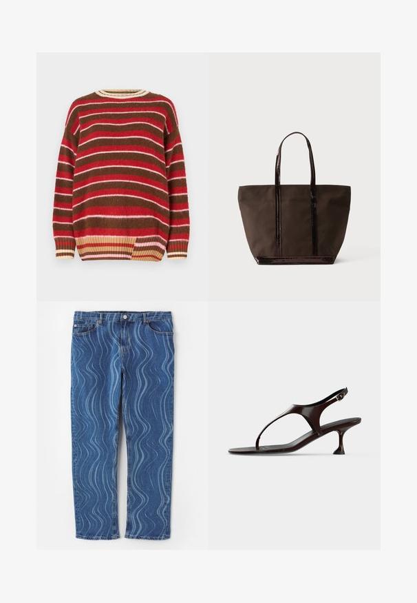 Strikketrøje med horisontale striber i rød, pink, brun og krem. Rund halsudskæring med ribbet kant og en løs pasform.; Blå denim jeans med et bølgende lys blå mønster, lige ben, knaplukning og syninger på lommerne.; Mørkebrun laklædersandal med rem bagpå, lille hæl og tårem på hvid baggrund.; Mørkebrun tote-taske med to lange håndtag med paillet-accenter og matchende pailletkant langs den nederste kant.