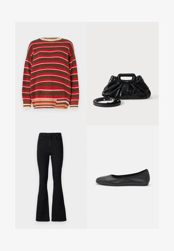Strikketrøje med horisontale striber i rød, pink, brun og krem. Rund halsudskæring med ribbet kant og en løs pasform.; Sorte flared jeans med høj talje, lavet af denim. Funktioner inkluderer knaplukning, fem-lomme design og en glat tekstur.; Sort læderballetsko med rund tå, glat tekstur, minimal syning og et fleksibelt såldesign.; Lille sort læderhåndtaske med rynket tekstur, rektangulært håndtag og aftagelig tynd skulderrem placeret ved siden af.