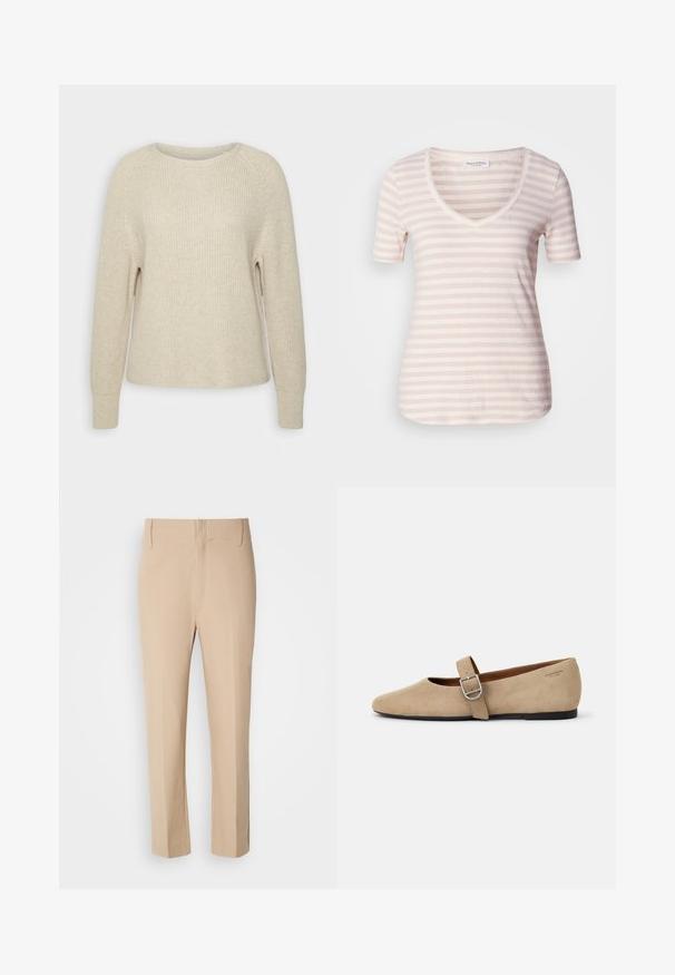 Lyserød strikket sweater med rund halsudskæring, raglanærmer og ribbede manchetter. Teksturen er blød med en afslappet pasform og minimal detaljering.; Kortærmet V-hals t-shirt i lys beige med tynde, vandrette hvide striber. Blødt stof med en afslappet pasform og afrundet kant.; Beige skræddersyede bukser med slim fit, sidelommer og en glat tekstur. Har en flad front og en subtil presse ned ad benene.; Beige ruskind Mary Jane flade sko med spids tå og et enkelt justerbart strop med en sølv spænde. Sort flad sål.