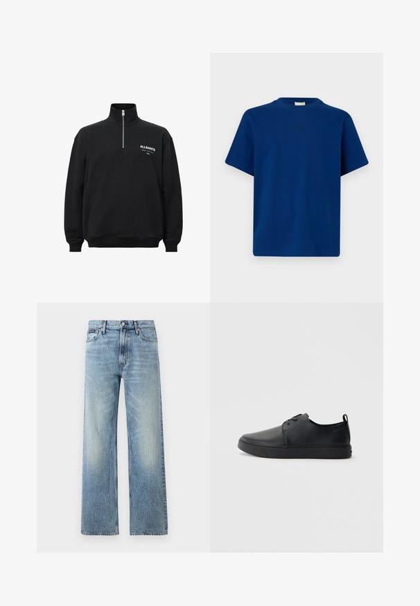 Sort sweatshirt med høj krave og halv lynlås, med hvid trykt tekst på venstre bryst. Fremstillet af bomuldsstof med blød tekstur.; Ensfarvet blå T-shirt med korte ærmer, rund hals og et diskret lille logotekst centralt på brystet mod en ensfarvet baggrund.; Lyseblå denim jeans med lige ben, højt talje, fem lommer, knaplukning og diskrete falmede områder på lår og knæ.; Sorte lædersneakers med en glat finish, rund tå, tonalt syning, snøring foran og en flad gummisål. Løkke ved hælen.