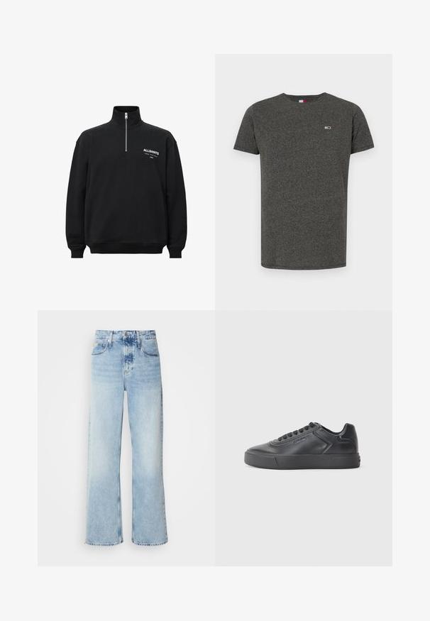 Sort sweatshirt med høj krave og halv lynlås, med hvid trykt tekst på venstre bryst. Fremstillet af bomuldsstof med blød tekstur.; Mørkegrå t-shirt med korte ærmer og rund hals, lavet af et struktureret stof. Har et lille logo på venstre bryst.; Lysblå vide jeans med høj talje, der har en falmet finish, bæltestropper og klassisk fem-lomme design. Kantene er rå.; Sort lædersneaker med rund tå, flad gummisål og kontrasterende syninger. Har et logo på siden og snørebåndsdesign.