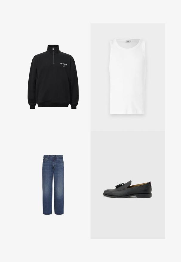 Sweatshirt noir avec col haut et demi fermeture éclair, featuring du texte imprimé blanc sur la poitrine gauche. Fait en coton, texture douce.; Débardeur en coton blanc sans manches avec un col rond et une texture lisse. Design simple, sans motifs ni accents.; Jean bleu taille haute à jambes droites avec bouton et fermeture éclair devant, passants ceinture, poches avant et arrière.; Mocassin pour homme en cuir noir avec pompons, bout arrondi, petit talon et languette à l'arrière, présenté de profil sur un fond gris clair.