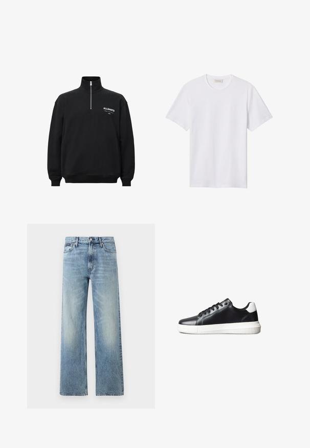 Sort sweatshirt med høj krave og halv lynlås, med hvid trykt tekst på venstre bryst. Fremstillet af bomuldsstof med blød tekstur.; Hvidt ensfarvet T-shirt med korte ærmer og rund hals, med lille præget logo på venstre bryst og mærke indeni kraven.; Lyseblå denim jeans med lige ben, højt talje, fem lommer, knaplukning og diskrete falmede områder på lår og knæ.; Sorte lædersneakers med en glat tekstur, hvid gummisål, snørelukning og en kontrasterende hvid hældetalje.