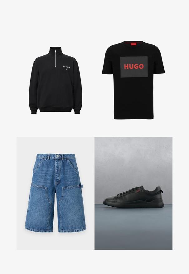 Sort sweatshirt med høj krave og halv lynlås, med hvid trykt tekst på venstre bryst. Fremstillet af bomuldsstof med blød tekstur.; Sort bomulds t-shirt med korte ærmer, der har et stort gråt rektangel og ordet "HUGO" i fed rød skrift på forsiden.; Denim shorts til knæet med forlommer, bæltestropper og lukning med metalknap i mellemblå vask.; HUGO BLAKE - Sneakers - black