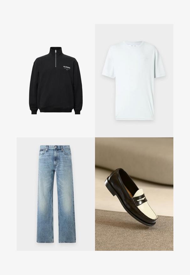 Sort sweatshirt med høj krave og halv lynlås, med hvid trykt tekst på venstre bryst. Fremstillet af bomuldsstof med blød tekstur.; Lyseblå bomuld t-shirt med rund hals, korte ærmer og minimalistisk broderet logo på brystet. Glat tekstur, enkelt design.; Lyseblå denim jeans med lige ben, højt talje, fem lommer, knaplukning og diskrete falmede områder på lår og knæ.; Sort læderloafer med en cremefarvet vamp og sorte accentstriber, som har en lav hæl og detaljeret syning langs kanterne.