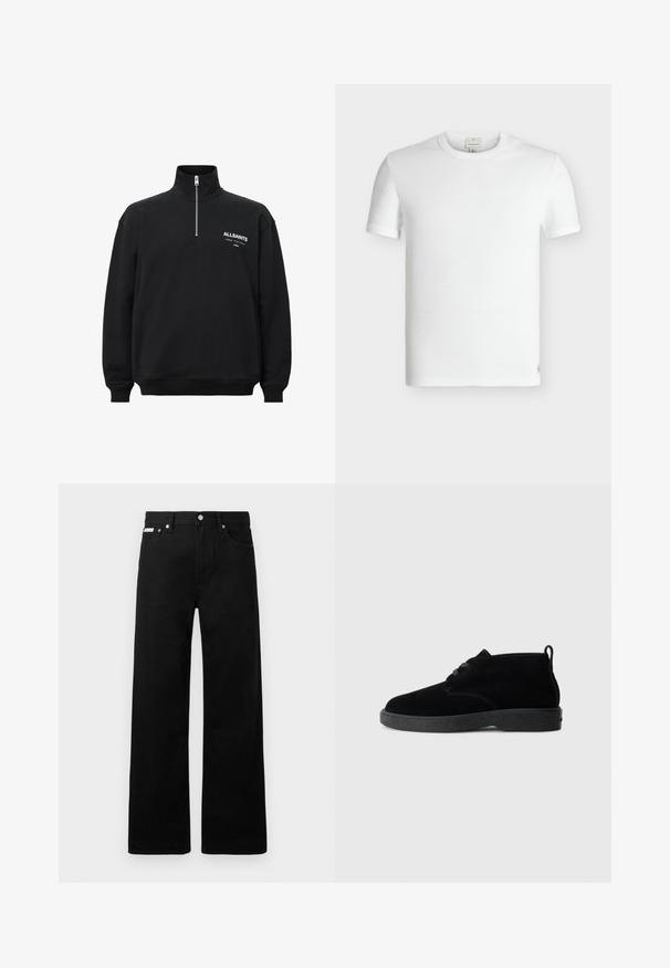Sort sweatshirt med høj krave og halv lynlås, med hvid trykt tekst på venstre bryst. Fremstillet af bomuldsstof med blød tekstur.; Enkel hvid kortærmet ribstrikket bomuld T-shirt med rund halsudskæring og et lille påsyet mærke nær bundkanten.; Sorte denimbukser med bred ben-design, der har fem lommer og metallisk knapdetalje. Glat tekstur, uden synlige mønstre.; Sorte ruskindsankelstøvler med rund tå, snørebåndsdesign, sort gummisål og en sløjfe bag på for nem påtagning.