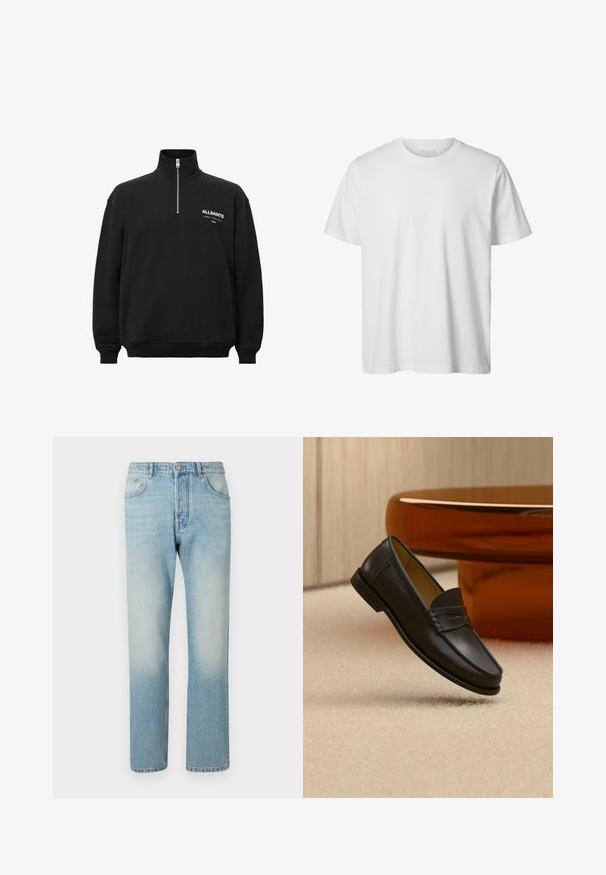 Sweatshirt noir avec col haut et demi fermeture éclair, featuring du texte imprimé blanc sur la poitrine gauche. Fait en coton, texture douce.; T-shirt blanc uni à manches courtes, col rond, coupe décontractée, sans logos ni motifs visibles à l'avant.; Jeans bleu clair fabriqués en denim, présentant un design à jambe droite, une structure à cinq poches et un effet délavé au niveau des cuisses.; Chaussure mocassin en cuir noir suspendue au-dessus d’un tapis beige avec du mobilier moderne couleur ambre en arrière-plan.