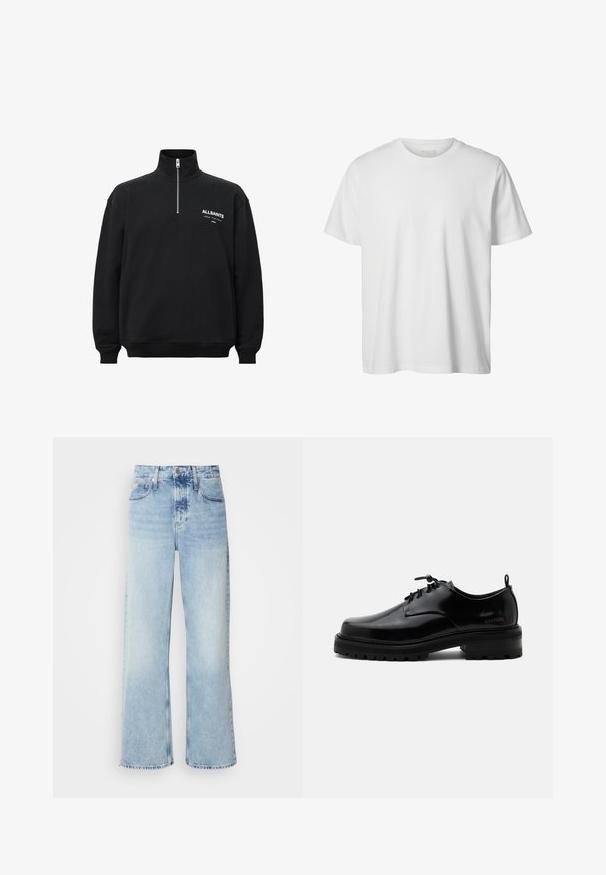 Sort sweatshirt med høj krave og halv lynlås, med hvid trykt tekst på venstre bryst. Fremstillet af bomuldsstof med blød tekstur.; Enkelt hvid T-shirt med korte ærmer og rund hals, løs pasform og uden synlige logoer eller designs foran.; Lysblå vide jeans med høj talje, der har en falmet finish, bæltestropper og klassisk fem-lomme design. Kantene er rå.; Sort poleret læder snørestøvle med tyk gummisål og lav hæl, sideskilt med mærketekst "SAMSOE" og bageste træksnor.