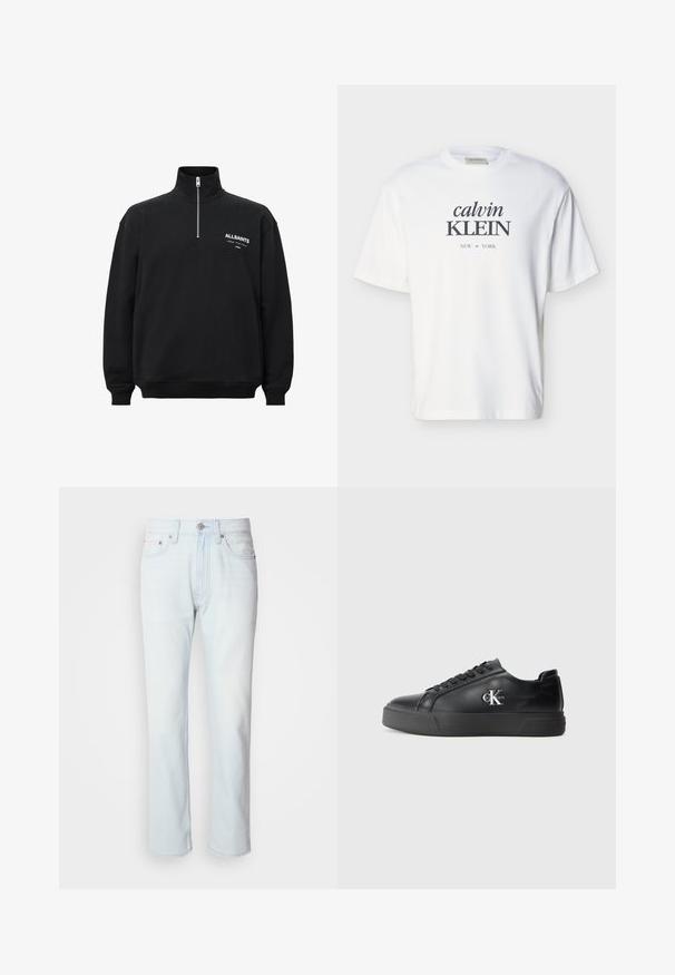 Sweatshirt noir avec col haut et demi fermeture éclair, featuring du texte imprimé blanc sur la poitrine gauche. Fait en coton, texture douce.; T-shirt blanc à manches courtes et col rond avec l'inscription "calvin KLEIN NEW YORK" imprimée en noir au centre devant.; Jean en denim bleu clair avec une coupe droite. Présente une fermeture à bouton et des passants de ceinture, mettant en valeur une texture décolorée et des coutures minimalistes.; Baskets en cuir noir avec un bout arrondi, semelle plate noire et lacets ton sur ton. Présente un logo argenté sur le côté, texture lisse sur l'ensemble.