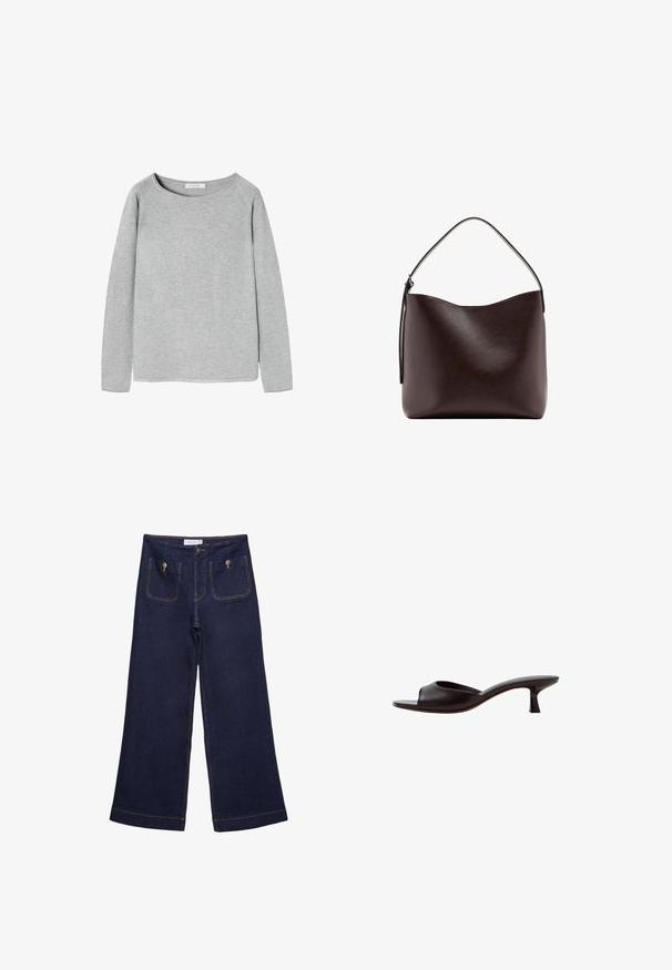 Sweatshirt gris à manches longues avec un décolleté large, texture douce et manches légèrement effilées. Présente un ourlet inférieur droit et un design minimaliste.; Pantalon en jean large bleu foncé à taille haute, poches plaquées à l'avant fermées par des boutons en métal et détails de coutures visibles.; Sandale mule noire à bout ouvert avec un talon bas courbé et une tige en cuir lisse sur fond blanc.; Sac à main en cuir brun foncé avec une seule poignée supérieure incurvée et une surface lisse et dépourvue d'ornements sur fond blanc.