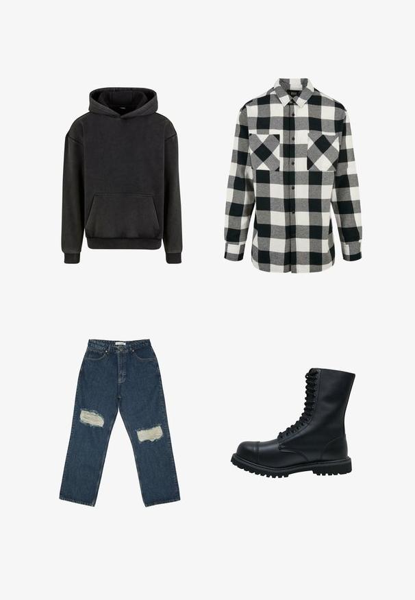 Urban Classics Kapuzenpullover - magnet; Schwarz-weiße Flanellhemd mit großem Karomuster, langen Ärmeln, Knopfleiste und zwei Brusttaschen. Aus weichem Stoff gefertigt.; Blaue Denim-Jeans mit lockerer Passform, ausgestattet mit zwei abgewetzten Knie-Patches und einem klassischen Fünf-Taschen-Design mit kontrastierenden Nähten.; Schwarze Leder Schnürstiefel mit runder Zehenkappe, hohem Schaft, dicker Gummisohle und texturierter Oberfläche. Enthält verstärkte Nähte entlang der Nähte.
