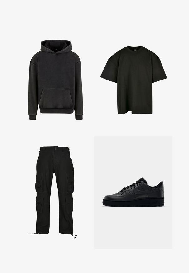Urban Classics Kapuzenpullover - magnet; Schwarzes, oversized T-Shirt aus weicher Baumwolle. Verfügt über einen runden Halsausschnitt und kurze Ärmel, mit einer glatten Textur und minimalistischem Design.; Schwarze Cargo-Hosen aus strapazierfähigem Material, mit mehreren Seitentaschen, lässiger Passform und verstellbaren Fußgelenkriemen.; Schwarzer Nike Air Force 1 Schuh mit einem glatten Lederoberteil, perforierter Zehenpartie für Atmungsaktivität, schwarzen Schnürsenkeln und einer strukturierten Gummisohle.