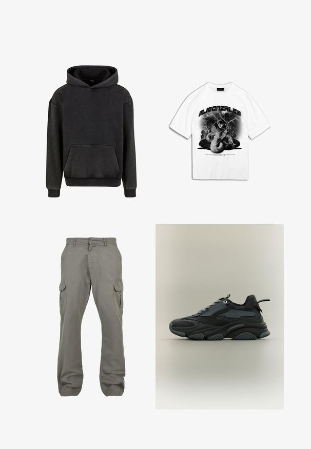 Urban Classics Hoodie - magnet; Witte katoenen t-shirt met een afbeelding van een cobra te midden van bliksem en schedels. Er is tekst met de naam "MJ Gonzales" inbegrepen.; Lichtgrijze cargobroek van katoen, met twee zijzakken, twee cargozakken, een rechte pijp en een ritssluiting.; Zwart-grijze chunky sneaker met textuurrijke stoffen panelen, patroonveters, dikke zool en een trekstrop op een neutrale achtergrond.