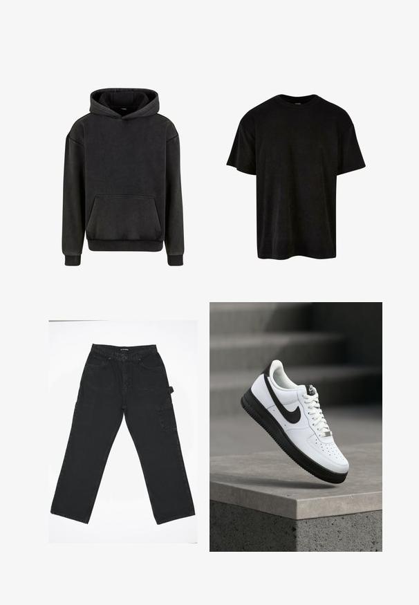 Urban Classics Kapuzenpullover - magnet; Schwarzes Baumwoll-T-Shirt mit kurzen Ärmeln, Rundhalsausschnitt, lässiger Passform und glatter Oberfläche. Keine Muster oder zusätzlichen Details sichtbar.; Schwarze Denim-Hose mit geradem Bein, ausgestattet mit einem Frontknopfverschluss, Gesäßtaschen und einer seitlichen Cargo-Tasche.; Weißer Ledersneaker mit schwarzen Akzenten, abgerundetem Zehenbereich und perforierten Details. Schwarze Gummisohle mit strukturiertem Muster und Schnürverschluss.