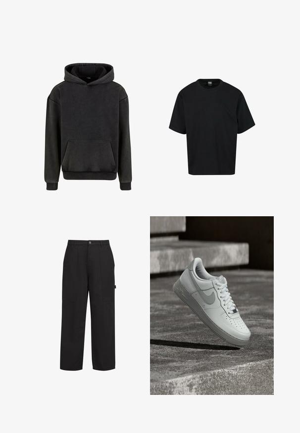Urban Classics Sweat à capuche - magnet; T-shirt noir à manches courtes en coton, avec un col en rond et une coupe décontractée. Pas de motifs ni d'accents notables.; Pantalons en coton noir avec une coupe relaxée, dotés de deux poches avant, d'une fermeture éclair et d'un bouton avant visible. Texture lisse, design à jambes droites.; Baskets blanches Nike Air Force 1 flottant au-dessus d'une surface en béton texturé avec des marches en pierre en arrière-plan.