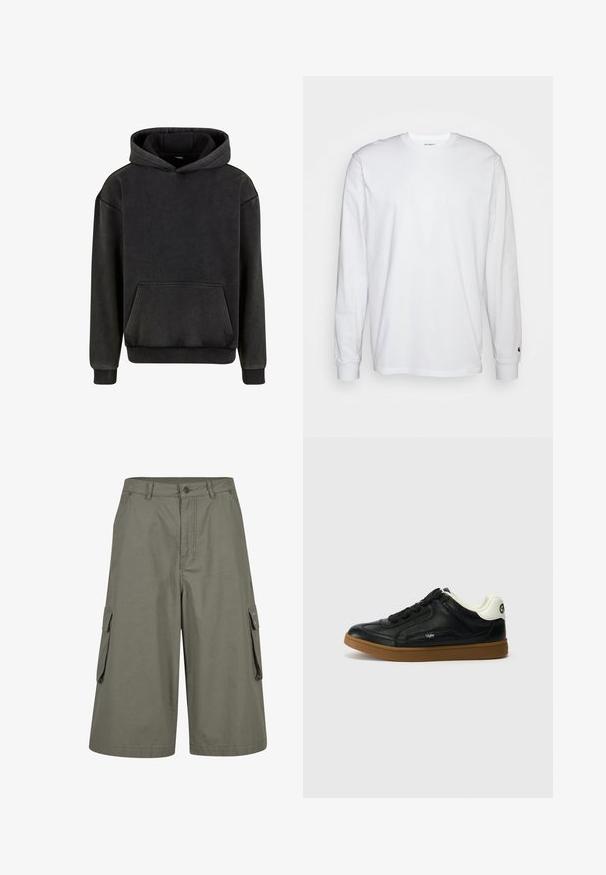 Urban Classics Hoodie - magnet; Witte lange mouwen T-shirt van katoen. Ronde hals ontwerp met ribgebreide manchetten en een klein logo op de linkermouw. Gladde textuur.; Kniekorte cargo shorts in olijfgroen met zijflapzakken, knoopsluiting en riemlussen.; Zwarte leren sneaker met gestructureerde bovenkant, ronde neus en zwarte veters. Voorzien van een witte hakaccent en een bruine rubberen zool.