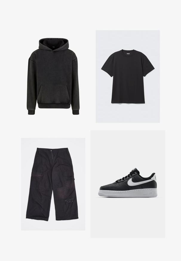 Urban Classics Sweat à capuche - magnet; T-shirt noir à manches courtes en coton. Il présente un col rond et une coupe décontractée. Design simple sans motifs ni accents visibles.; Pantalon cargo noir à jambes larges avec multiples poches et une déchirure usée sur la cuisse droite, posé à plat sur un fond blanc.; Baskets en cuir noir avec surface texturée, swoosh Nike blanc, semelle grise, bout rond et design à lacets. Comprend des perforations sur la boîte à orteils.