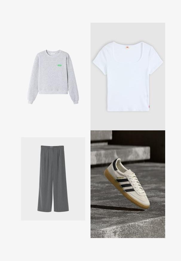 Hellgrauer Sweatshirt mit Rundhalsausschnitt und langen Ärmeln, gerippten Bündchen und Saum sowie kleinem grünen "American Vintage"-Text auf der linken Brust.; Weiße kurzärmelige Bluse mit quadratischem Ausschnitt, aus geripptem Stoff. Mit einem kleinen roten Logoschild auf der unteren linken Seite.; Graue Weitbein-Hose mit weißen vertikalen Nadelstreifen, Gürtelschlaufen und vorderen Falten, vor einfarbigem Hintergrund präsentiert.; Weißer Adidas Spezial Sneaker mit schwarzen Streifen und Kautschuksohle, der über grauen Steinstufen im Freien schwebt.
