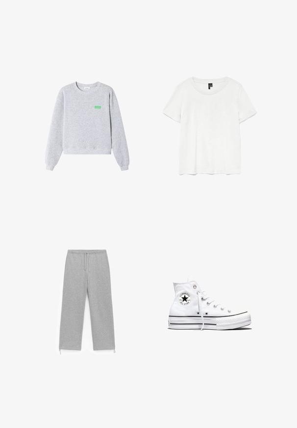 Sudadera gris claro de cuello redondo con mangas largas, puños y dobladillo acanalados, y pequeño texto verde "American Vintage" en el lado izquierdo del pecho.; Camiseta blanca de manga corta con un cuello redondo, hecha de tejido ligero. Diseño simple, textura suave y dobladillo recto.; Pantalones de chándal grises hechos de una tela suave, que cuentan con una cinturilla elástica con cordón, piernas rectas y sutiles lazos en los tobillos.; Zapatilla blanca de caña alta Converse Chuck Taylor All Star con parche de logo negro y cordones blancos, presentada sobre fondo blanco.
