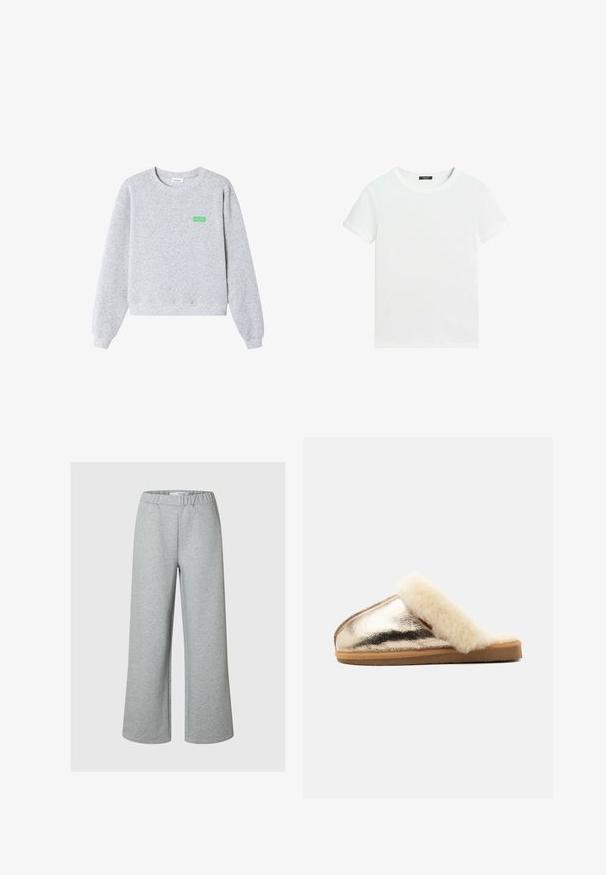 Lichtgrijze sweater met ronde hals en lange mouwen, geribbelde boorden bij de mouwen en zoom, en kleine groene "American Vintage" tekst op de linkerborst.; Effen wit T-shirt met korte mouwen, een ronde hals en een klein zwart labeltje aan de binnenkant van de kraag.; Lichtgrijze broek met brede pijpen, gemaakt van zachte stof, met een elastische tailleband en een eenvoudig, onversierd ontwerp.; Metalen gouden instapsloffen met een beige zool en een zachte crèmekleurige bontvoering rond de opening, zijaanzicht tegen een witte achtergrond.