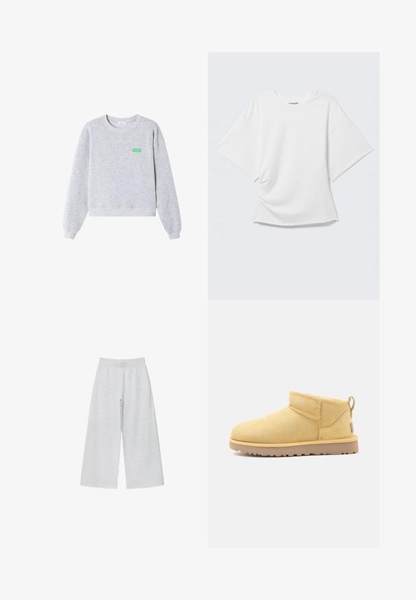 Hellgrauer Sweatshirt mit Rundhalsausschnitt und langen Ärmeln, gerippten Bündchen und Saum sowie kleinem grünen "American Vintage"-Text auf der linken Brust.; Weißes kurzärmeliges Oversized T-Shirt mit Rundhalsausschnitt, dargestellt vor hellem grauem Hintergrund.; Helle graue weit geschnittene Hose aus weichem Stoff mit elastischem Bund. Das Design bietet eine lockere Passform für Komfort und Bewegungsfreiheit.; Kurzer beiger Wildleder-Stiefelette mit flacher Gummisohle, sichtbarer Naht und Lasche hinten vor schlichtem Hintergrund.