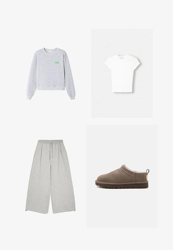 Hellgrauer Sweatshirt mit Rundhalsausschnitt und langen Ärmeln, gerippten Bündchen und Saum sowie kleinem grünen "American Vintage"-Text auf der linken Brust.; Weißes kurzärmliges T-Shirt aus weicher Baumwolle, mit Rundhalsausschnitt und figurbetonter Form. Keine sichtbaren Muster oder Verzierungen.; Hellgraue weit geschnittene Hose mit elastischem Bund, Kordelzug, Seitentaschen und lockerem, entspanntem Sitz.; Niedrig geschnittener taupefarbener Wildlederschuh mit weißem Fleecefutter, dunkler Gummisohle und Zuglasche an der Ferse, seitlich auf weißem Hintergrund dargestellt.