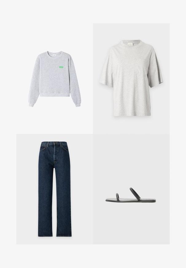 Lichtgrijze sweater met ronde hals en lange mouwen, geribbelde boorden bij de mouwen en zoom, en kleine groene "American Vintage" tekst op de linkerborst.; Grijs katoenen T-shirt met een ronde hals, korte mouwen en een borstzakje aan de linkerkant. Heeft een klein label aan de zijnaden.; Donkerblauwe rechte denim jeans met voorzakken en knoopsluiting, plat weergegeven op een lichte achtergrond.; Zwarte platte sandalen met twee slanke banden, gemaakt van soepel materiaal. Heeft een rechthoekige zool en een gestructureerde band. Minimalistisch ontwerp.