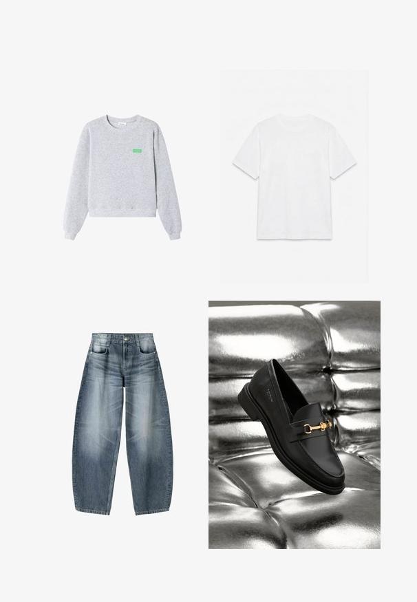 Hellgrauer Sweatshirt mit Rundhalsausschnitt und langen Ärmeln, gerippten Bündchen und Saum sowie kleinem grünen "American Vintage"-Text auf der linken Brust.; Schlichtes weißes T-Shirt mit kurzen Ärmeln und Rundhalsausschnitt, flach auf weißem Hintergrund liegend.; Weite Jeans aus hellblauem Denim mit Ausbleichungen, im fünf-Taschen-Design, mit Knopfverschluss und minimalen Nähtelementen.; Schwarze Leder-Loafer mit goldfarbener Hardware. Der Schuh zeichnet sich durch ein elegantes Design und eine glatte, glänzende Oberfläche aus.