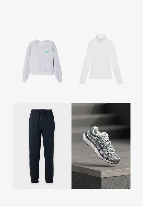 Sweat-shirt gris clair à col rond avec manches longues, poignets et ourlet côtelés, et petit texte vert "American Vintage" sur la poitrine gauche.; Haut à col roulé à manches longues blanc, fabriqué en tissu lisse et extensible. Il présente un col haut et une coupe ajustée, sans motifs ni embellissements visibles.; Pantalon de survêtement noir avec taille élastique, cordon, poches latérales et poignets élastiques aux chevilles.; Baskets Nike blanches et grises avec des accents violets, flottant au-dessus d'un rebord en béton avec des escaliers flous en arrière-plan.